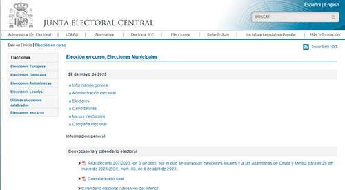 Pantalla de página inicial de la web de la Junta Electoral Central